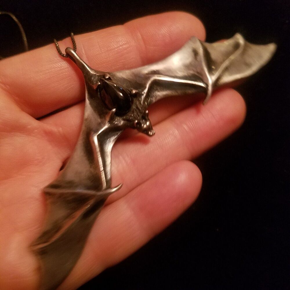 Sterling Silver Bat Pendant w/Black Star Diopside Gemstone, Vampire Goth Gothic